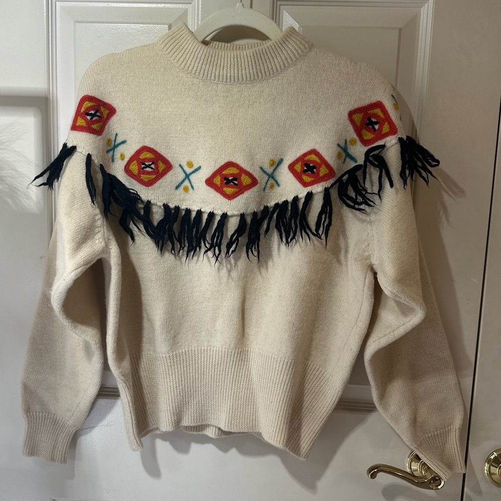 Vintage French Connection Hand Embroidered 100% Wool Fringe Sweater